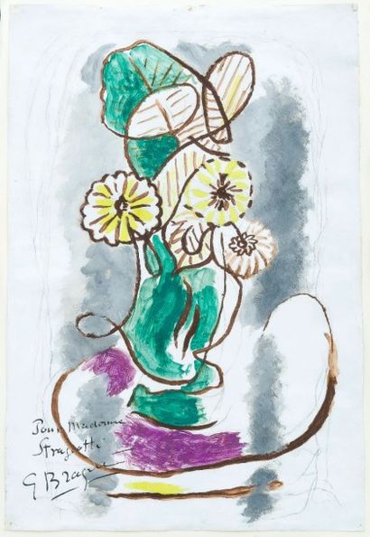 Georges BRAQUE (1882-1963) Fleurs et feuilles dans un vase, 1962 
Gouache et crayon...