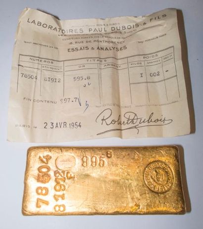 null Lingot d'or numéro 78504, essayeur R. Dubois, avec bulletin d'essai, 995.8 grammes...