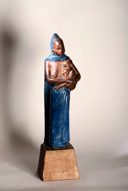  Anna QUINQUAUD (1890-1984). Maternité Pita. Sculpture en terre cuite émaillée polychrome,... Gazette Drouot