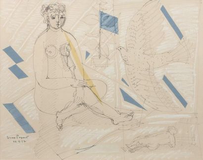 MAX PAPART (1911-1994) Femme et oiseau Dessin au feutre et collage. Signé en bas...