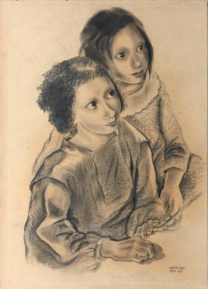 LYDIS, Mariette (1890-1970) Deux enfants Dessin au fusain. Signé en bas à droite,...