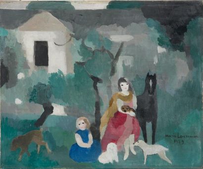 LAURENCIN, Marie (1883-1956) Femme, petite fille et leurs chiens dans la campagne...