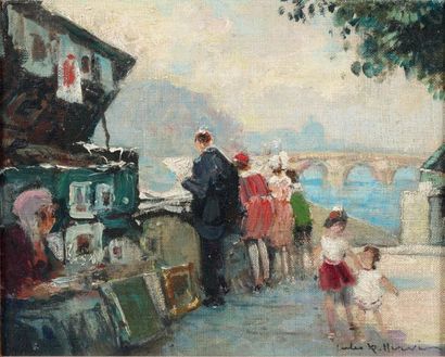 HERVÉ, Jules René (1887-1981) Les Bouquinistes Huile sur toile. Signée en bas à droite,...