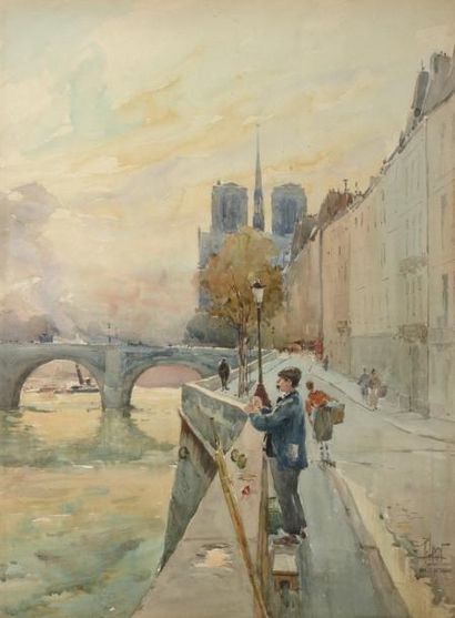 LEVERD, René (1872-1938) Quai de Béthune Aquarelle. Signée et située en bas à droite....