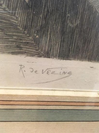 null R. De Vezine,
"Le chateau fort"
Gravure signée en bas à droite 
25 x 38 cm à...