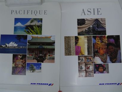  Quatre affiches AIR FRANCE: Asie, Pacifique, Péninsule arabique, Afrique, 199-1995...