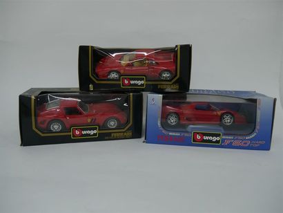 null Lot comprenant trois FERRARI 1/18e die cast marque BURAGO, modèles GTO, Testa...