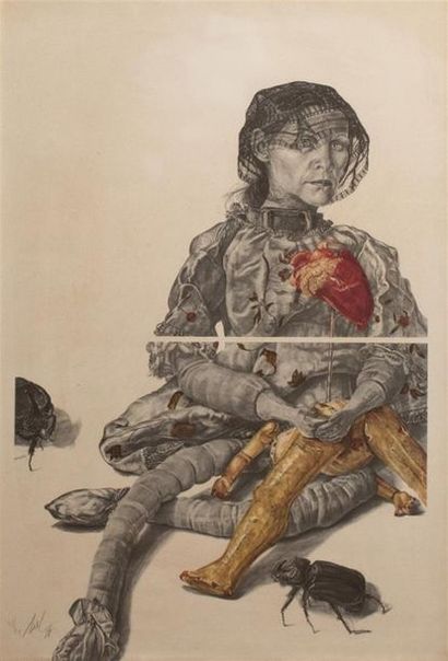 null Mall Fred (1948-)
Femme tenant une poupée déchiquetée dont le coeur est épinglé
Lithographie...
