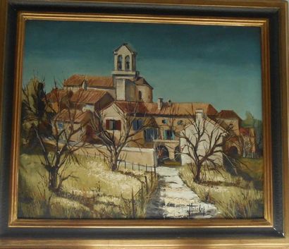 null Jean TRIOLET(né en 1939)
Paysage avec village et église. 
Huile sur toile signée...