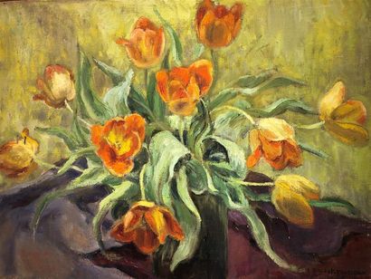 null PAGEOT-ROUSSEAUX Lucienne (XXe)
Bouquet de tulipes oranges
Huile sur toile signée...