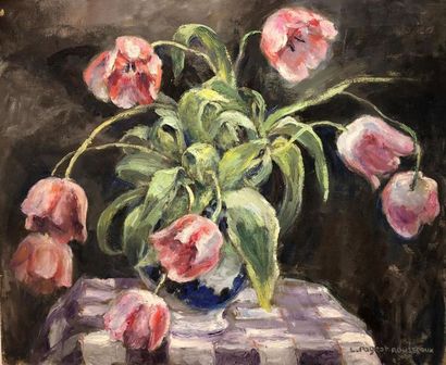 null PAGEOT-ROUSSEAUX Lucienne (XXe)
Bouquet de tulipes roses
Huile sur toile signée...