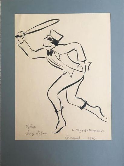 null Lucienne PAGEOT - ROUSSEAUX (1899-1992)
Guignol 
Encre sur papier 
Cadre bleu...