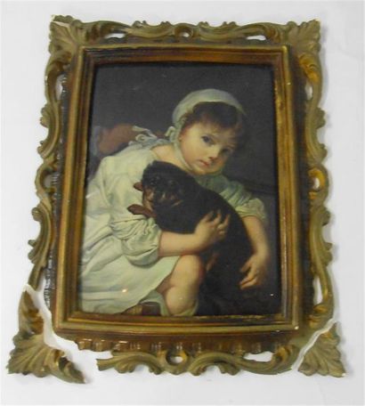null ENFANT : Plaque de tôle émaillée, non signée.
Petit Enfant et son chien.
Cadré...