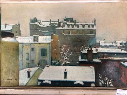 null DUDOUET Marcel ( 1924 )
Vu des toits de Paris enneigés.
Huile sur toile signée...