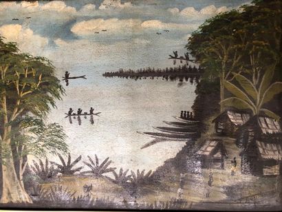 null J. BOUSHMAN (XXe)
Scène lacustre de village africain
Huile sur toile signée...