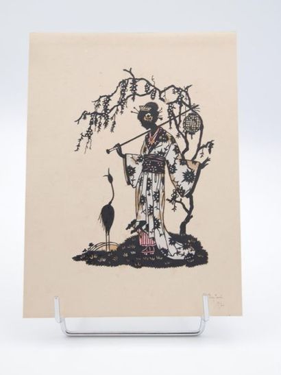 null JAPON - XXème 
Collage sur papier et tissu (2)
Geishas
Signature en bas à droite...