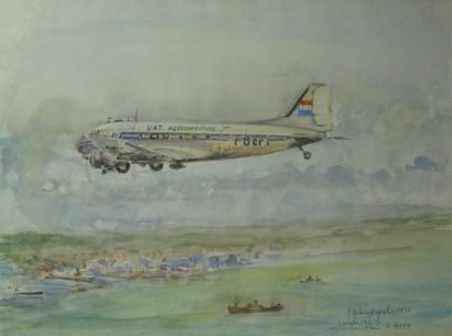 null Dessin. Jacques DULERY-REYVAL (né en 1926). Douglas DC-3 F-BEFF de la Compagnie...