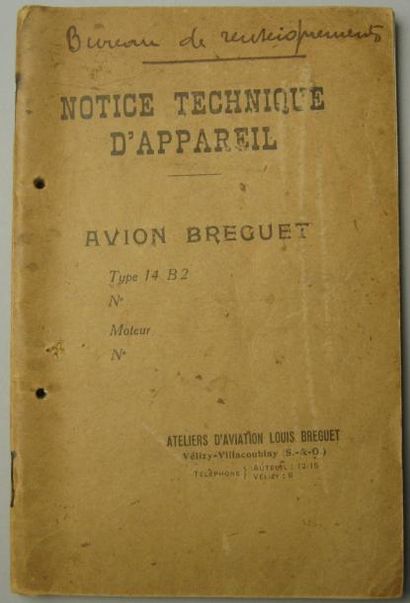  Document. Notice technique de l'avion Bréguet 14B2 avec illustration, caractéristiques...