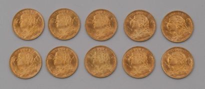 null 10 Monnaies Or, Suisse : 
20 Francs Or, 1935 B.
Poids total : 64,52grs.