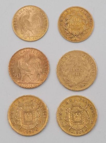 null 6 Monnaies Or France :
20 Francs Napoléon III, 1853 A.
10 Francs Napoléon III,...