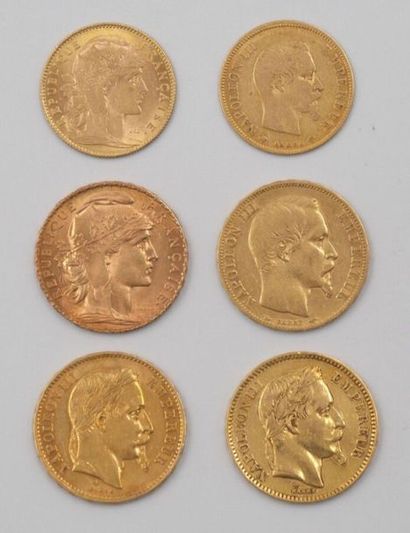 null 6 Monnaies Or France :
20 Francs Napoléon III, 1853 A.
10 Francs Napoléon III,...