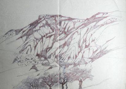 null Ensemble de deux dessins sur papier calque représentant des paysages, dont l'un...