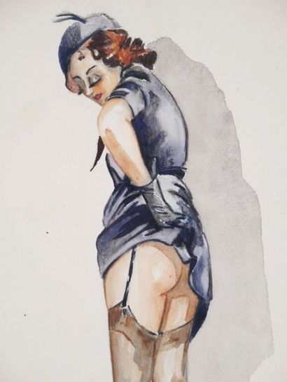 null Pierre DOUET (1898-1989) 
Femme coquine 
Aquarelle sur papier, signée et datée...