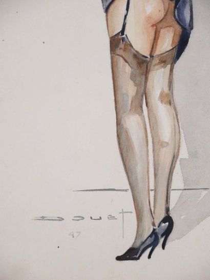 null Pierre DOUET (1898-1989) 
Femme coquine 
Aquarelle sur papier, signée et datée...