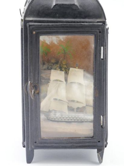 null Lantern in sheet metal forming a diorama with inside a three masts along one...