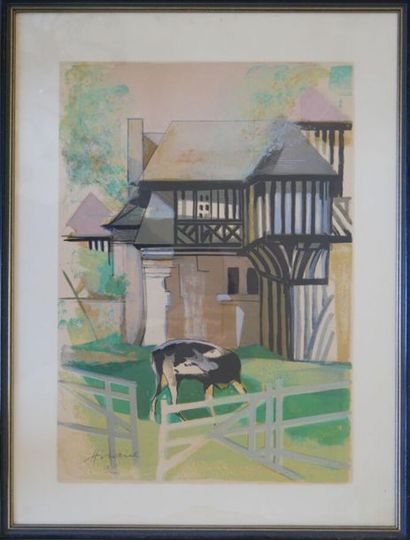  Camille HILAIRE (1916-2004) : Maison à colombages Lithographie Signée en bas à gauche...