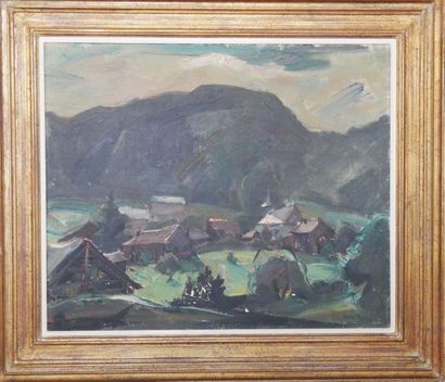  French school of the XXth century: Mountain landscape Oil on canvas, Signed lower...