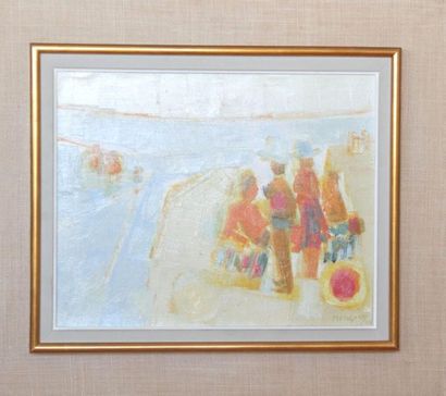  Frédéric MENGUY (1927-2007) : Characters at the beach Oil on canvas, Signed lower...