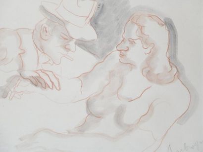  Pierre AMBROGIANI (1907-1985) Le couple Sanguine et lavis d'encre sur papier Signed...