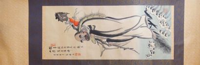 null JAPON - Moderne : 
Deux encres et couleurs sur soie, Daruma et samouraï avec...