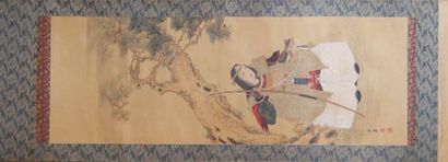 null JAPON - Moderne : 
Deux encres et couleurs sur soie, Daruma et samouraï avec...