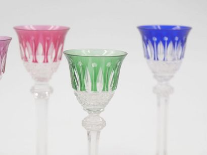 null SAINT LOUIS, Tommy model: 
Suite of five small stemmed glasses in cut color...