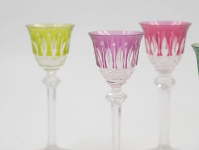 null SAINT LOUIS, Tommy model: 
Suite of five small stemmed glasses in cut color...