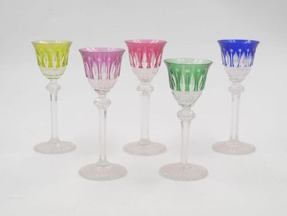 null SAINT LOUIS, Tommy model: 
Suite of five small stemmed glasses in cut color...