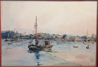  Jean-Pierre GELAS (XXth century) : Fishing boat moored Watercolor signed and dated...