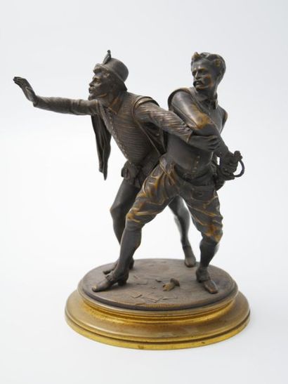 null Emile GUILLEMIN (1841-1907) 
Les mignons duellistes
Groupe en bronze à patine...