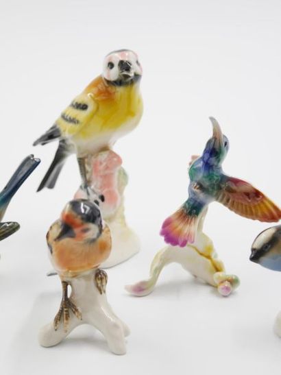 null ALLEMAGNE et divers : 
Ensemble de six oiseaux sur branche en porcelaine émaillée...