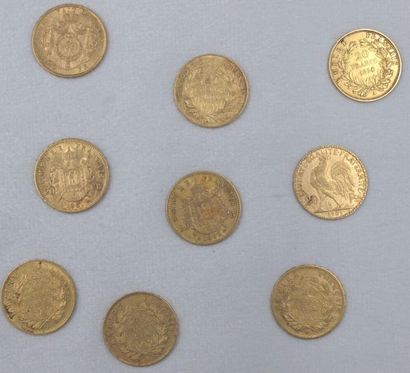 null Monnaies Françaises & Belge-Or. 20 Francs. 9 pièces.
Napoléon III, Tête Nue....