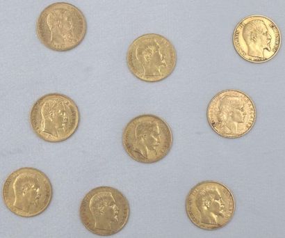 null Monnaies Françaises & Belge-Or. 20 Francs. 9 pièces.
Napoléon III, Tête Nue....