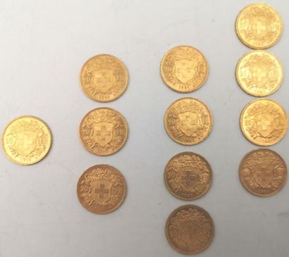 null Monnaies Etrangères - Or. 20 Francs Suisse. 12 pièces.
Vreneli. 1915, 3 x 1925,...