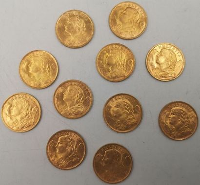 null Monnaies Etrangères - Or. 20 Francs Suisse. 11 pièces.
Vreneli. 1935.
Poids...