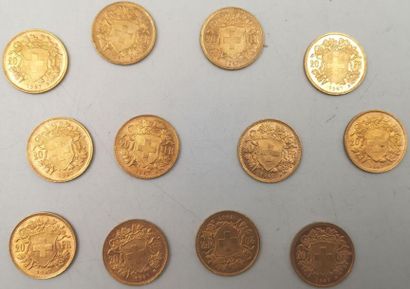 null Monnaies Etrangères - Or. 20 Francs Suisse. 12 pièces.
Vreneli. 1947.
Poids...