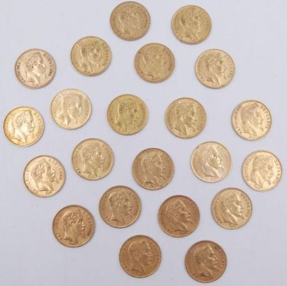 null 22 pièces de 20 Francs Or. Napoléon III, Tête laurée.
1861 A, 1862 x 2 A, 1863...