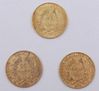 null 3 pièces de 20 Francs Or Cérès.
1851 A.
Poids total : 19,28grs.
Usures.

Estimation...