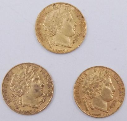 null 3 pièces de 20 Francs Or Cérès.
1851 A.
Poids total : 19,28grs.
Usures.

Estimation...