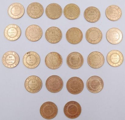 null 24 pièces de 20 Francs Or Génie.
1871, 1874, 1876 x 2, 1877, 1878 x 5, 1889,...